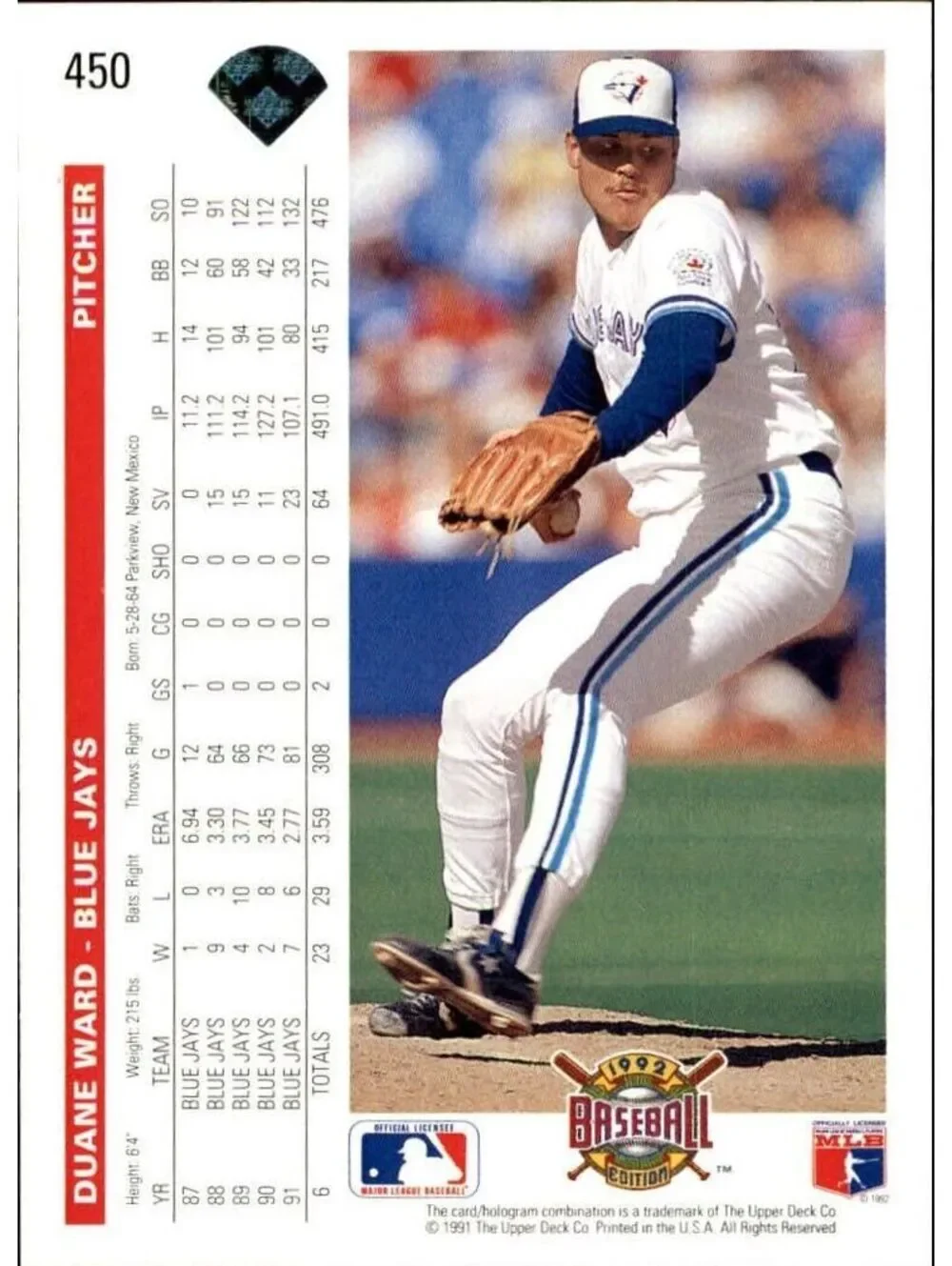 Duane Ward 1992 Upper Deck MLB #450 Baseball Card Toronto Blue Jays